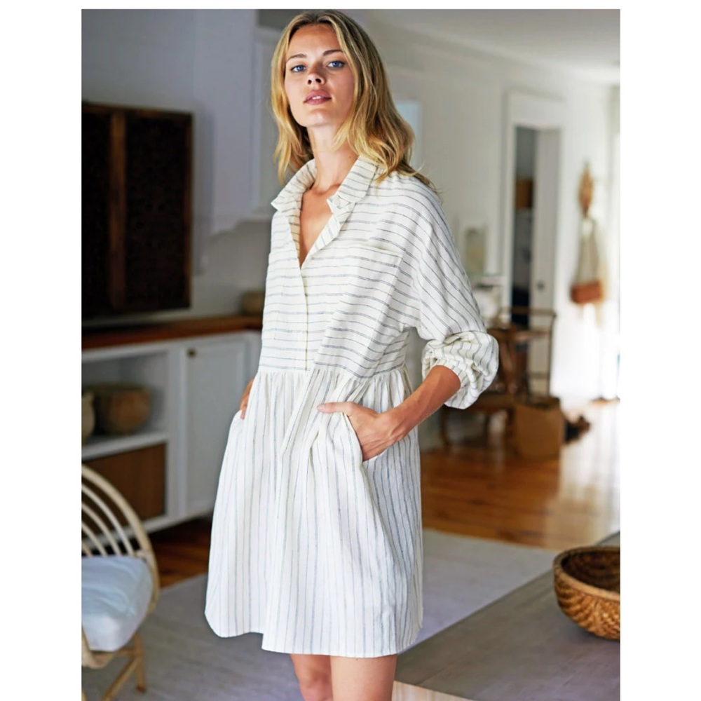 Emerson Fry SELMA LONG SLEEVE DRESS - IVORY HEMP STRIPE ORGANIC. Medium - Picture 2 of 7